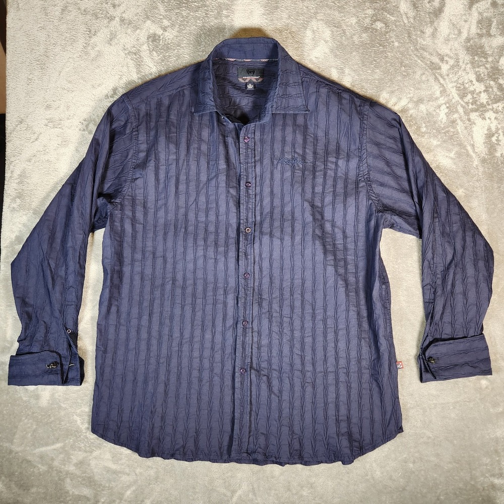 Phat Farm Button Up Shirt Men's XL‎ Dark Blue Stripe Long Sleeves Cotton Blend